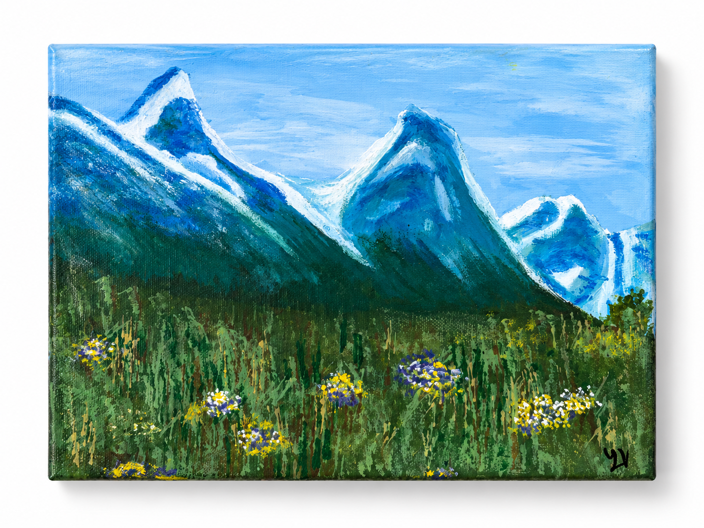 Montana Meadow — snowy blue peaks above a green meadow of wildflowers