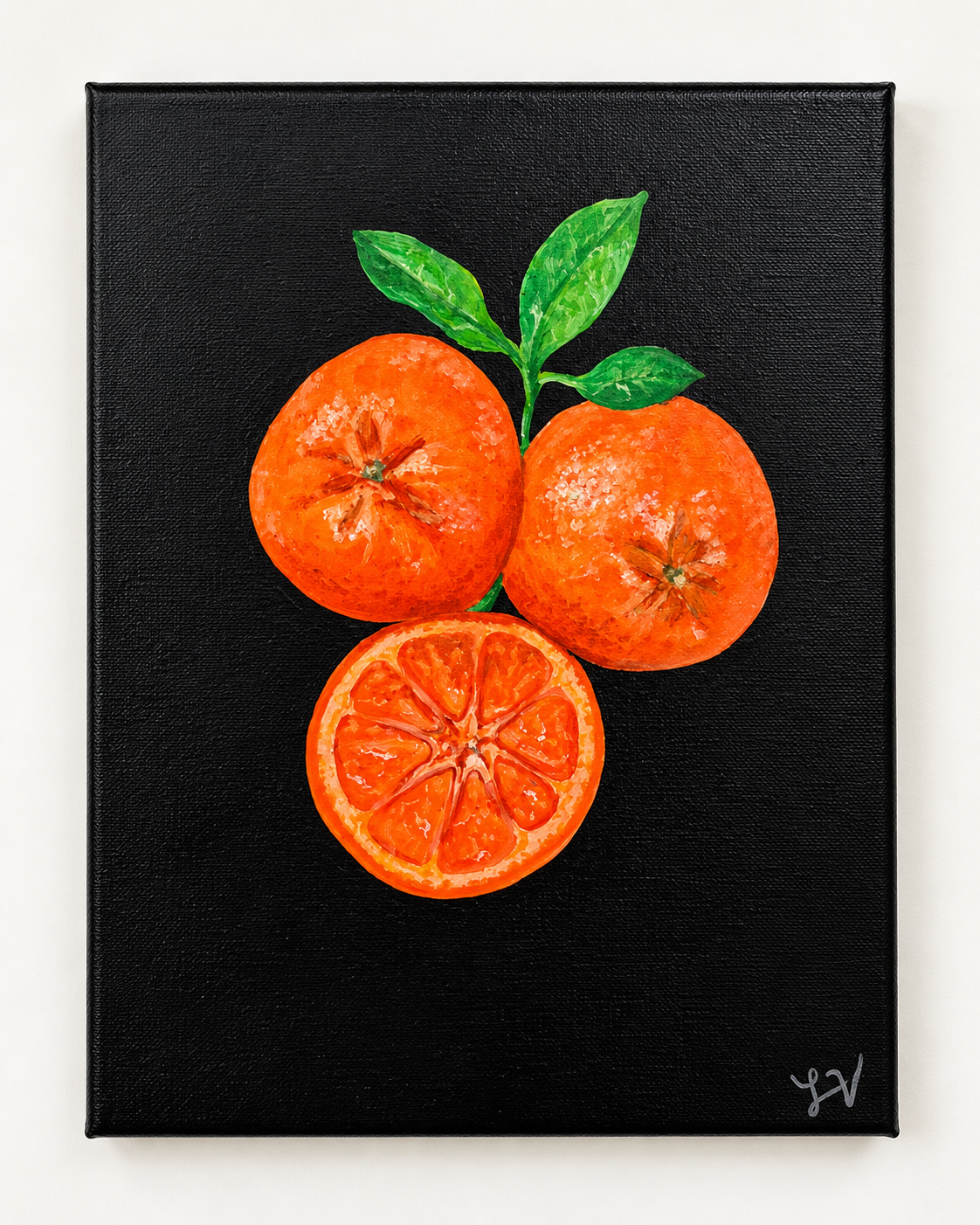 Clementines — three bright oranges with green leaves on a black canvas